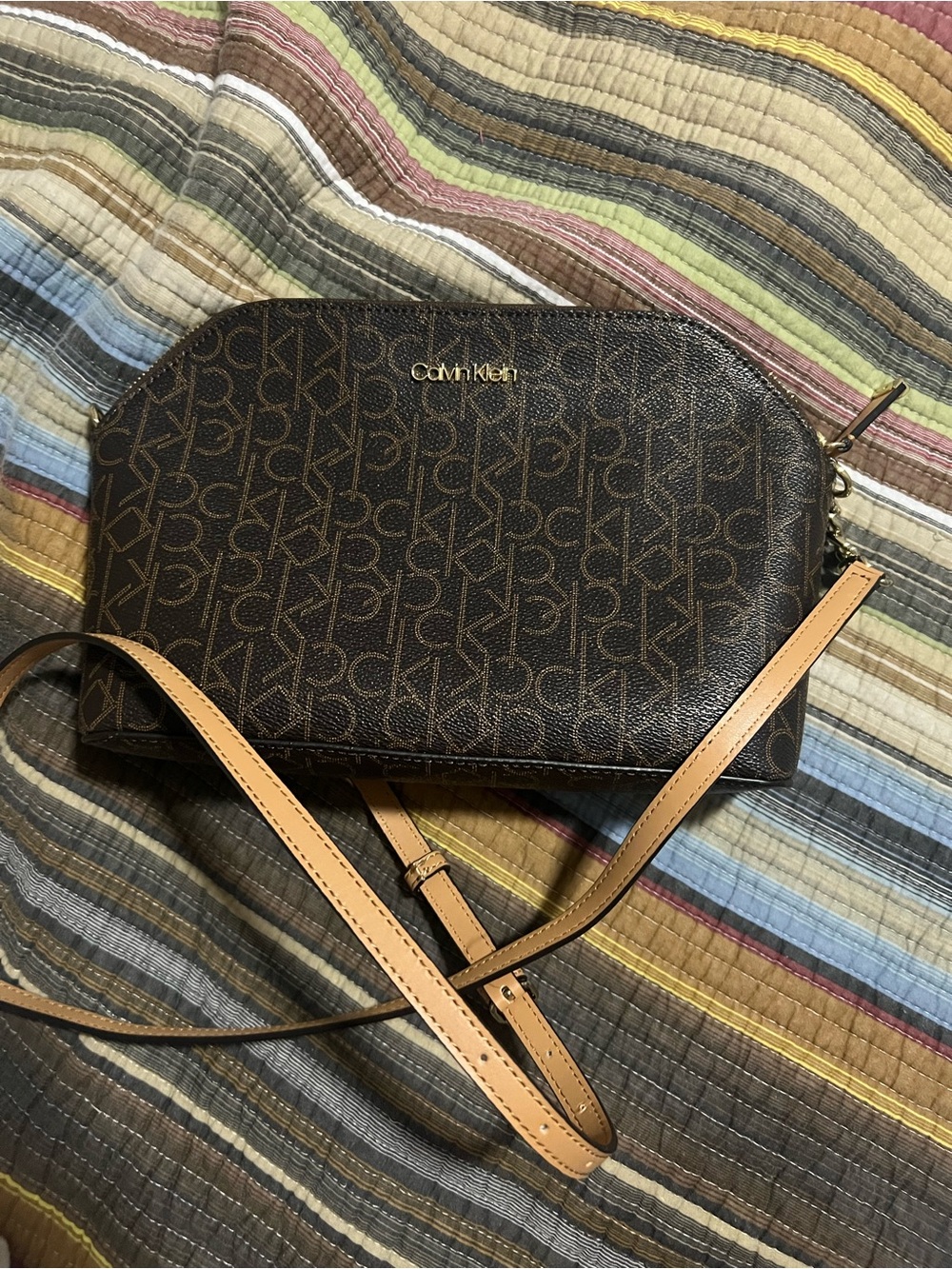 Calvin Klein Dark Brown Monogram Crossbody with Tan Strap